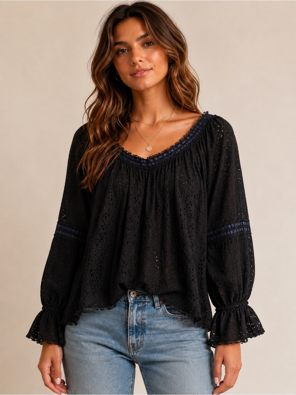 Free People Black Eyelet Boho Peasant Blouse XS